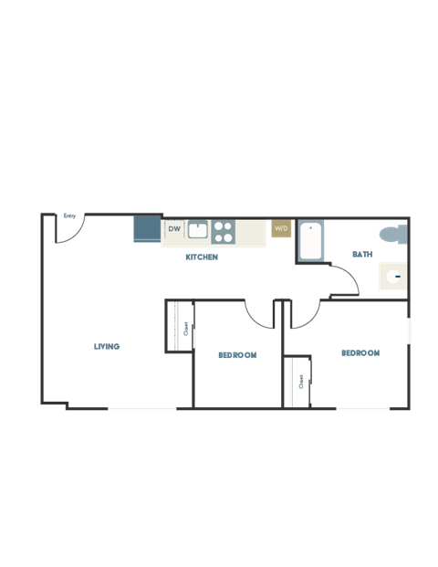 Floor plan for 2 beds, 1 bath, 651 sqft